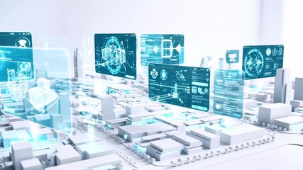 A digital city model with interactive holographic screens displaying blueprints. Futuristic tech concept - Powered by Adobe
