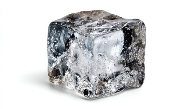 A close-up shot displays a clear, square-shaped, frozen cube against a plain white backdrop. The object has sharp edges and internal details