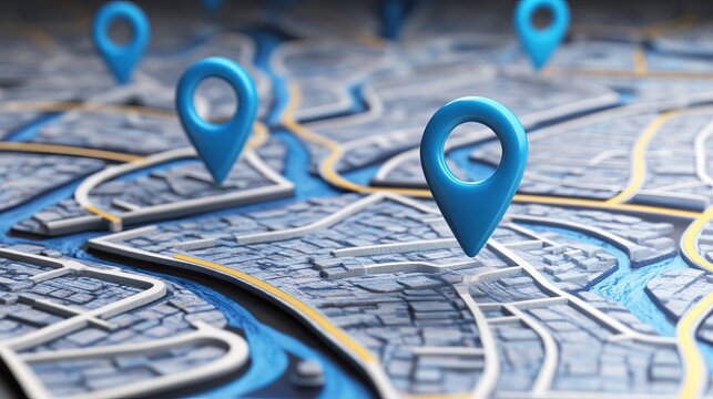 Blue location 3d icon of traffic street route map symbol or navigation gps pin point marker and global position system destination address sign isolated on white background - Powered by Adobe
