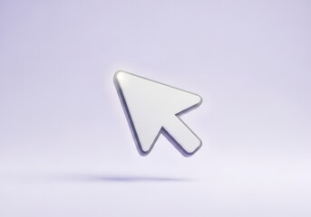 A 3d rendered white cursor arrow icon floating on a soft purple background