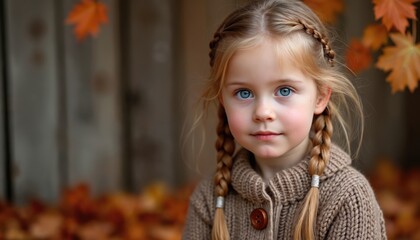Fototapeta premium Young girl with braided hair wears cozy sweater. Autumn leaves surround child. Soft natural light illuminates her blue eyes and serene facial expression. Peaceful childhood innocence.