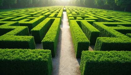 Green hedge maze with straight path leading through geometric garden walls. Sunlight shines on clear route, symbolizing progress and strategy. Search for clarity and goal.