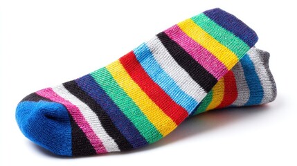 A single, colorful sock, folded at the ankle. It features horizontal stripes in various bright hues, isolated on a white background