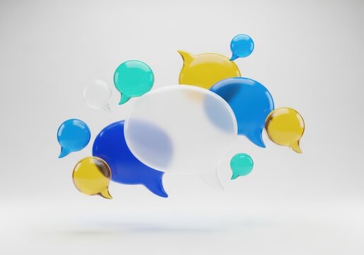 A collection of colorful 3d speech bubbles floating in the air, representing communication and conversation
