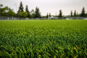 Obraz premium Lush Green Artificial Turf Field with Blurred Trees in the Background at Daytime