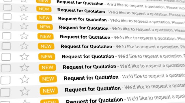 Request for Quotation emails populate a digital inbox in large numbers. highlighting new incoming business communication and procurement requests. Perfect for corporate and finance visuals.