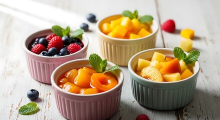 Four colorful bowls filled with fresh and canned fruits, garnished with mint leaves on a white wooden table.