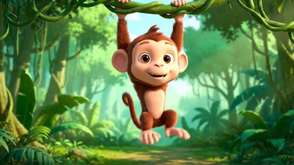 A playful cartoon monkey swings joyfully in a vibrant jungle.