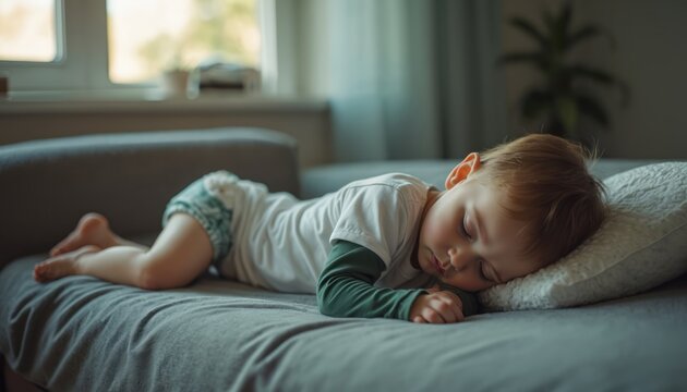 Small child sleeps peacefully on comfortable grey couch in bright home living room during daytime nap. Young boy rests soundly on soft cushions, dreaming deeply, experiencing sweet dreams, total