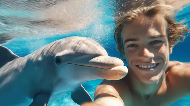 Generative AI. Young man smiling underwater with dolphin, capturing joyful moment in clear blue ocean, showcasing connection between human and marine life in vibrant environment