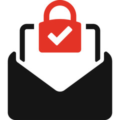 Red padlock with white check mark rests on top of an open black envelope symbolizing secure email communication and digital privacy protection against unauthorized access on a transparent background