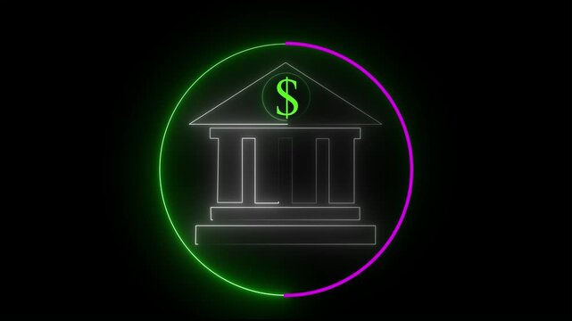 Bank icon animation by purple neon on black background. 4k