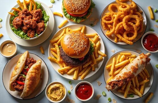 Variety of street food presented on table burgers, wraps, fried chicken, french fries, onion rings. Sauces served with fried snacks. Unhealthy fast food meal.