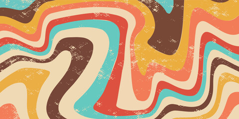 Abstract Retro 70s colorful sun with rays on vintage background. Groovy banner, poster or postcard. Vector illustration.