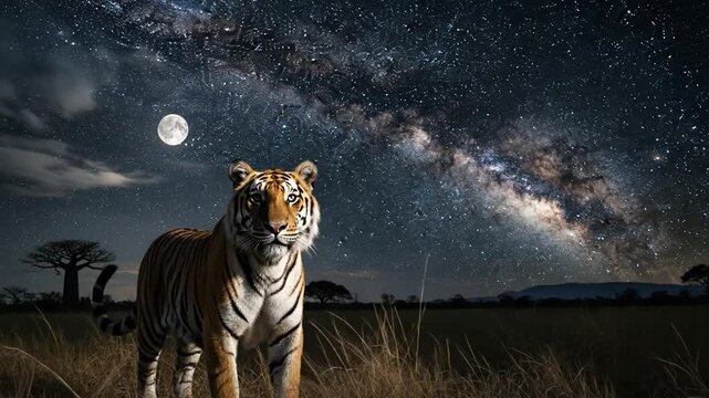 Majestic tiger beneath a celestial tapestry, gazing toward distant horizons