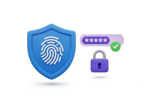 Security shield with fingerprint, password bar, and padlock icon, representing cybersecurity, isolated on white background