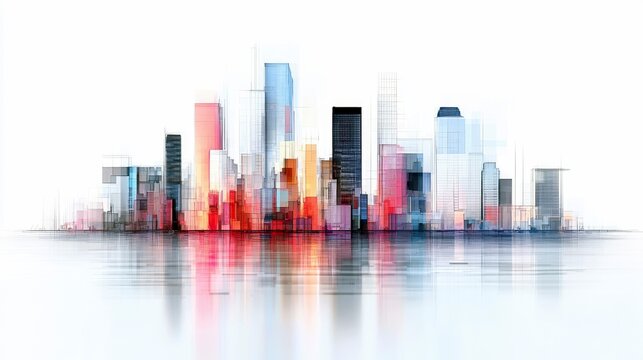 A vibrant, abstract cityscape featuring a collection of colorful, geometric buildings with reflections on a watery surface.