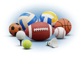 Collection of various sports balls including football, basketball, and tennis, isolated on white background