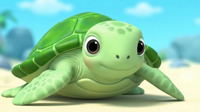 A cute cartoon turtle smiles on a sunny beach background.
