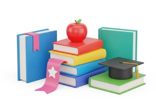 3d illustration of a stack of colorful books with a red apple and a graduation cap, isolated on white background
