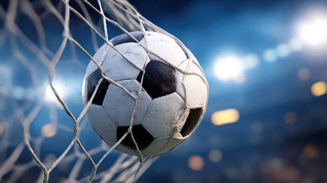 Soccer Ball Impacting Netting in Goal Post with Stadium Lights and Bokeh Background in Evening - Powered by Adobe