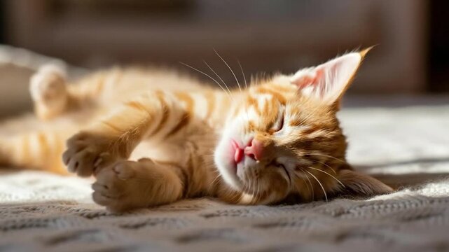 Serene Moments: A Ginger Kitten's Tranquil Nap in Gentle Sunlight on Warm Blanket