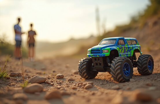 Blue green toy monster truck sits on rocky dirt road. Two blurred figures, likely father, son, watch in background. Enjoy outdoor playtime with powerful remote control vehicle. Family bonding