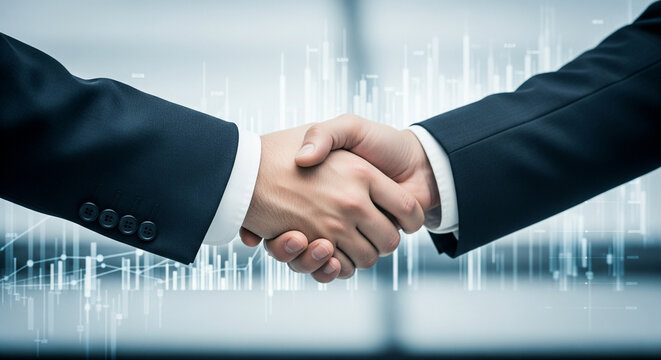 Seal the deal with a strategic partnership handshake against a modern stock market graph backdrop for finance success and global business growth