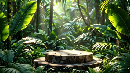 Obraz premium circular wooden table middle lush tropical forest table light colored wood has natural rustic appearance placed center surrounded tall green plants trees sunlight shining through trees creating warm