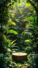 Obraz premium digital illustration tropical forest scene background filled tall green plants trees creating lush vibrant atmosphere plants arranged way creates sense depth dimension center round wooden table tree