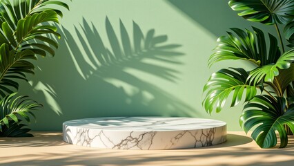 round white marble table center room green wall background either side table two large green plants long slender leaves leaves arranged way creates shadow palm tree wall floor light colored wood