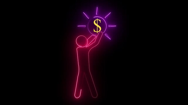 Neon Glowing Man Raising Dollar Symbol Above Head on Black Background
