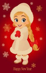 New Year's card with a cute girl. Template. Vector illustration.