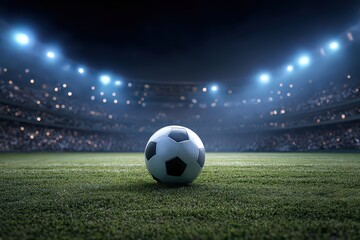 Soccer Ball on Green Field in Illuminated Stadium with Audience under Dramatic Lighting