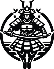 Traditional samurai warrior silhouette holding katana sword in bold black vector style, decorative emblem design inspired by Japanese culture and martial arts symbolism