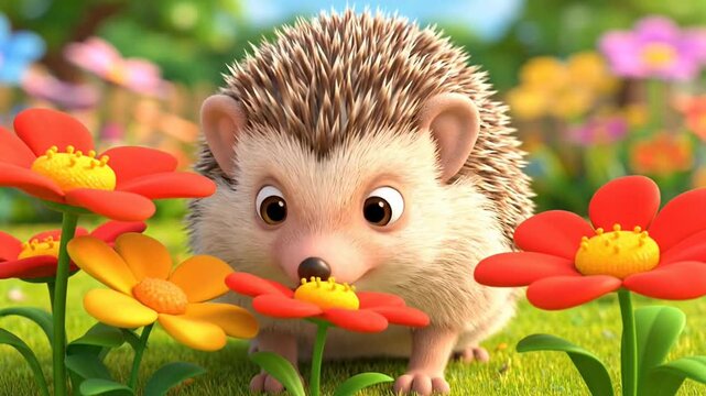 A cute hedgehog sniffing flowers in a colorful garden setting.
