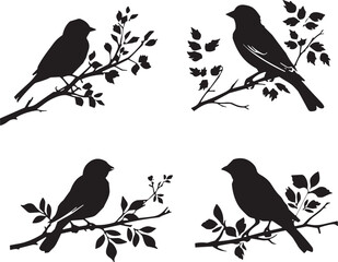Beautiful bird silhouettes perched on tree branches with detailed leaves, nature wildlife illustration perfect for decorative designs, artwork, and creative projects