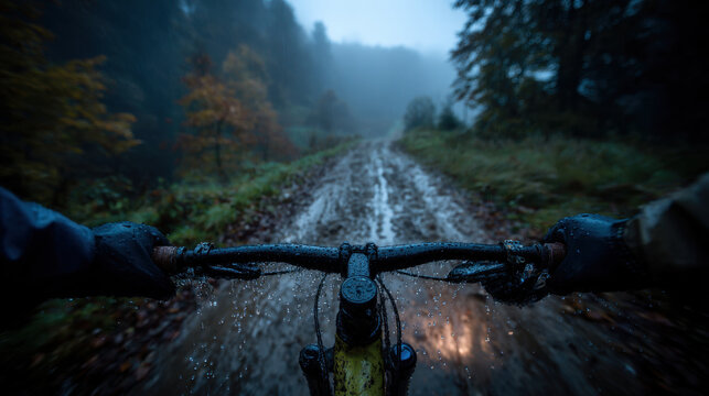 First person cycling rain forest path muddy trail wet handlebars raindrops mountain bike adventure outdoor motion blur