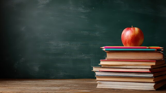 Stack of Books with Red Apple on Wooden Table Against Dark Green Chalkboard in Dim Light
