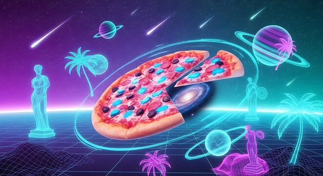 Cosmic Pizza Paradise - A Surreal Neon Galaxy Feast.