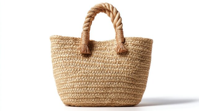 A woven tote bag stands upright against a white background. It features a sturdy rope handle and a natural, tan coloration