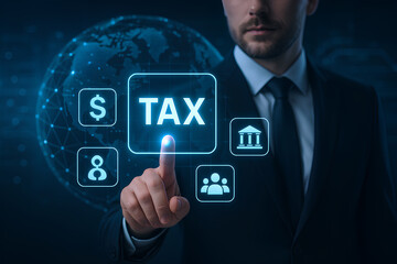 Businessman Using Futuristic Digital Tax Interface and Financial Icons