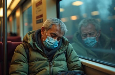 Man wears face mask sleeps on commuter train. He appears tired on his urban travel. Reflection shows same passenger on public transport during day.