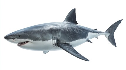 Naklejka premium A realistic side view of a great marine predator, with a dark grey dorsal surface and a white underside, teeth visible
