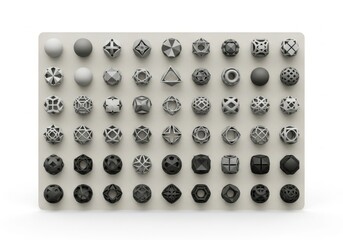 Collection of 3d geometric shapes and polyhedra arranged in a grid on a light surface