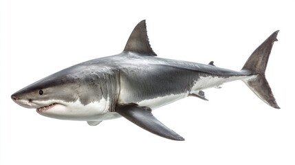 Fototapeta premium A photorealistic image showcases a large shark against a plain white backdrop, highlighting its sleek, powerful form