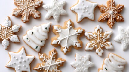 Assortment of holiday cookies on a white surface. Various shapes, including snowflakes, stars, and a tree, are decorated with white icing