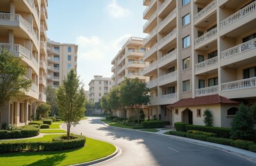 Obraz premium Modern residential buildings with balconies line a paved road. Lush green landscaping with manicured hedges and trees surrounds the apartment complex on a sunny day.