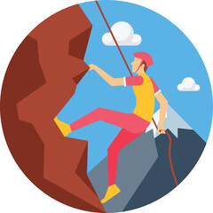 Red Pink Yellow Climber Ascending Rocky Mountain Peak with Blue Sky and Clouds in Daylight Outdoor Adventure Activity