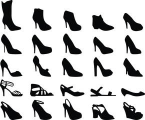 Collection of women’s footwear silhouettes featuring heels, boots, sandals, and fashion shoes for design projects, fashion graphics, branding, illustrations